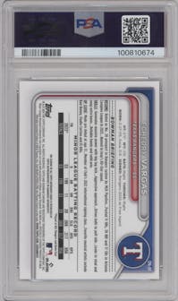 Echedry Vargas from the 2024 Bowman Chrome set featuring a Reptilian Green Refractor parallel graded by PSA and given an overall grade of 10.