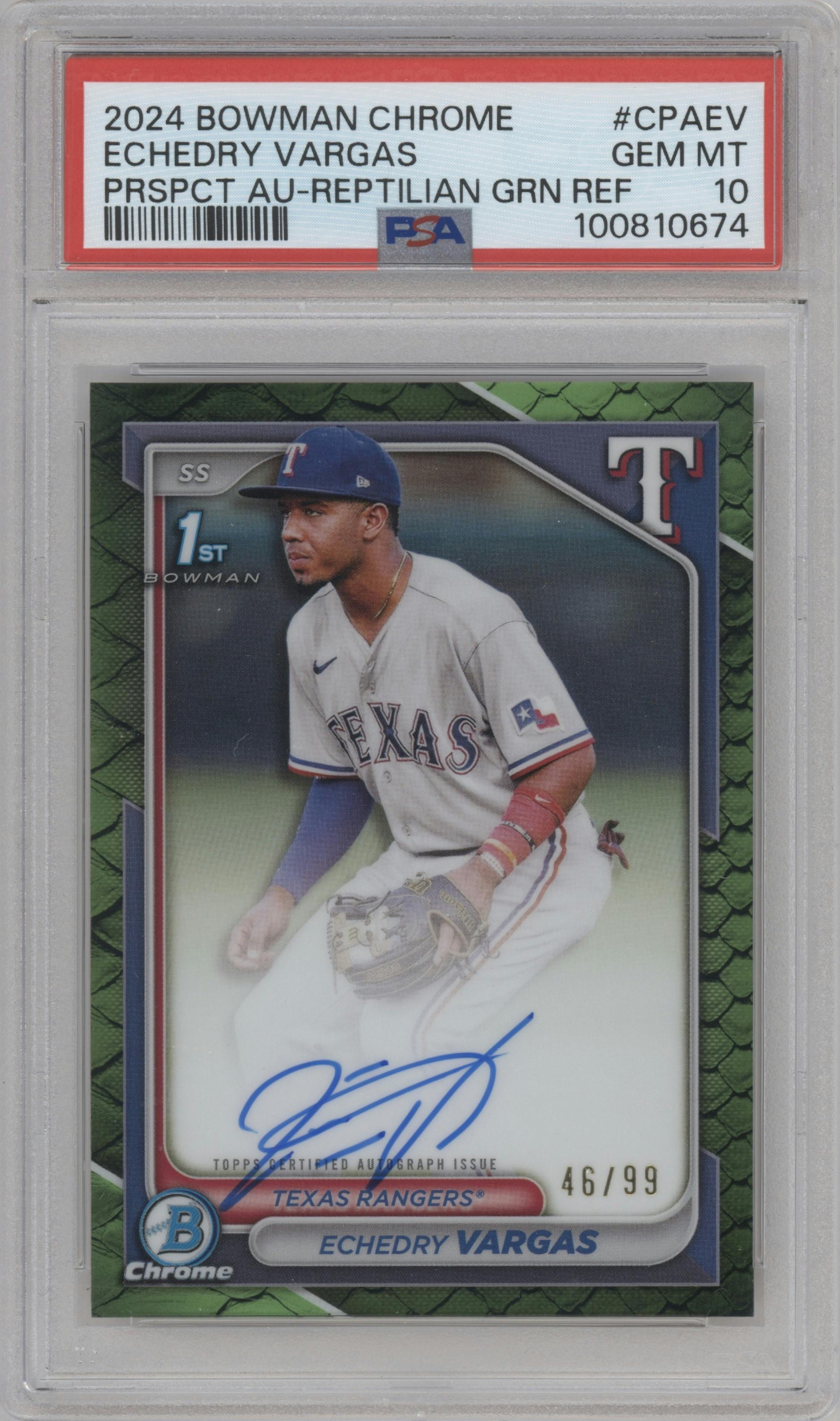 Echedry Vargas from the 2024 Bowman Chrome set featuring a Reptilian Green Refractor parallel graded by PSA and given an overall grade of 10.