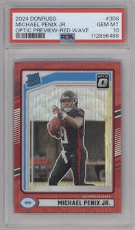 Michael Penix Jr.  from the 2024 Donruss set featuring a Red Wave parallel graded by PSA and given an overall grade of 10.