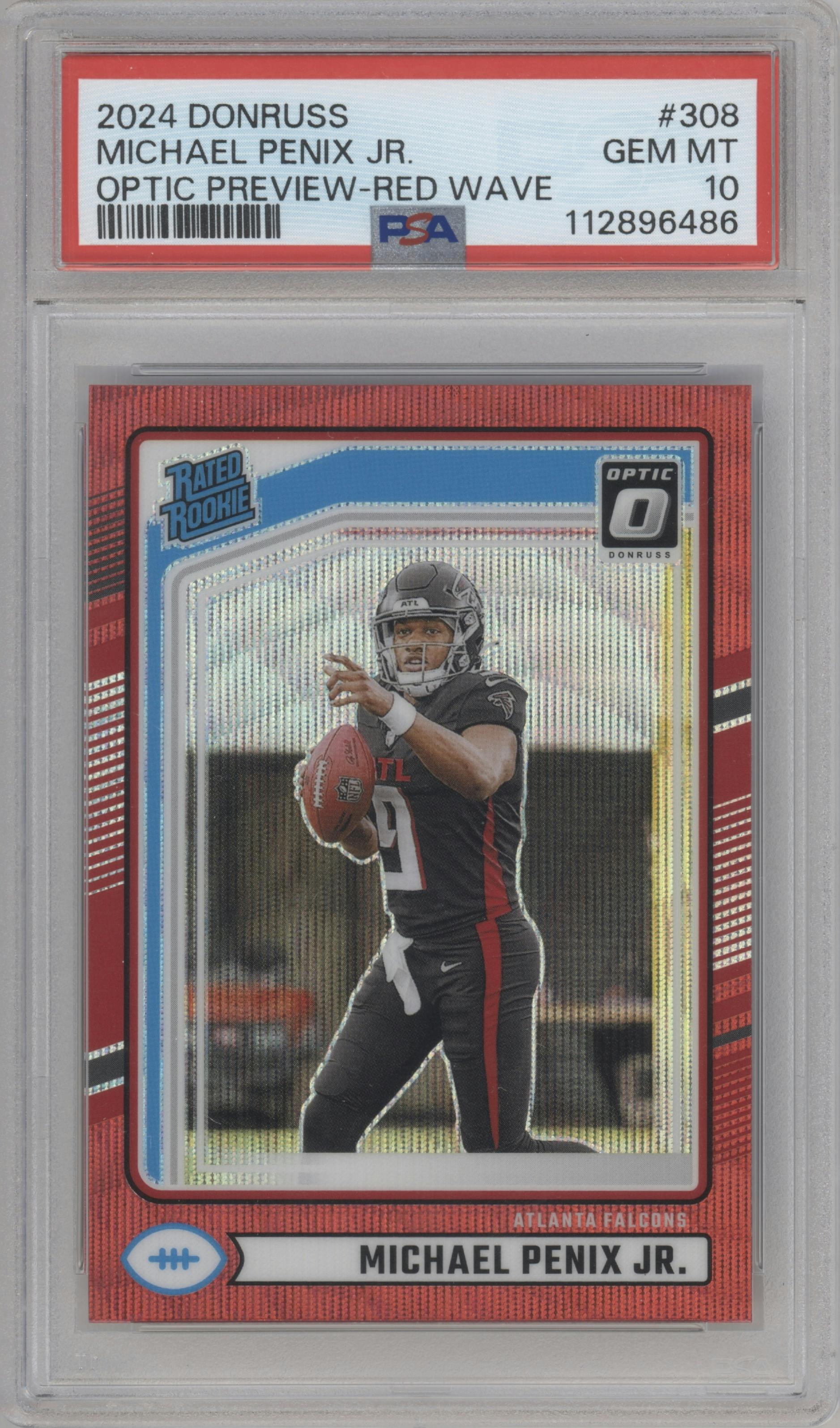 Michael Penix Jr.  from the 2024 Donruss set featuring a Red Wave parallel graded by PSA and given an overall grade of 10.