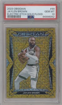 Jaylen Brown from the 2023-24 Panini Obsidian set featuring a Electric Etch Gold Flood parallel graded by PSA and given an overall grade of 10.