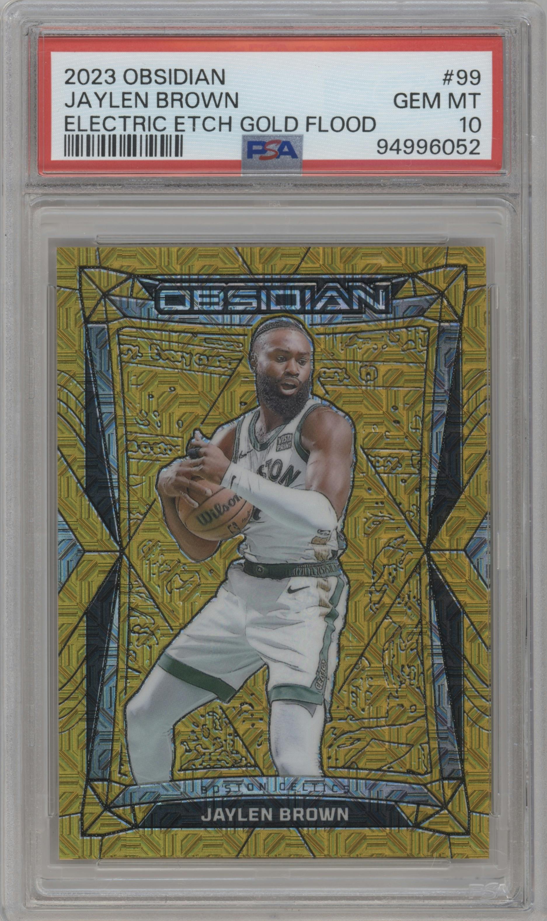 Jaylen Brown from the 2023-24 Panini Obsidian set featuring a Electric Etch Gold Flood parallel graded by PSA and given an overall grade of 10.