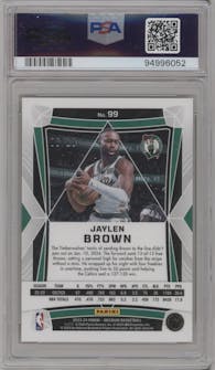 Jaylen Brown from the 2023-24 Panini Obsidian set featuring a Electric Etch Gold Flood parallel graded by PSA and given an overall grade of 10.