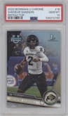 Shedeur Sanders from the 2023 Bowman Chrome University set featuring a Refractor parallel graded by PSA and given an overall grade of 10.