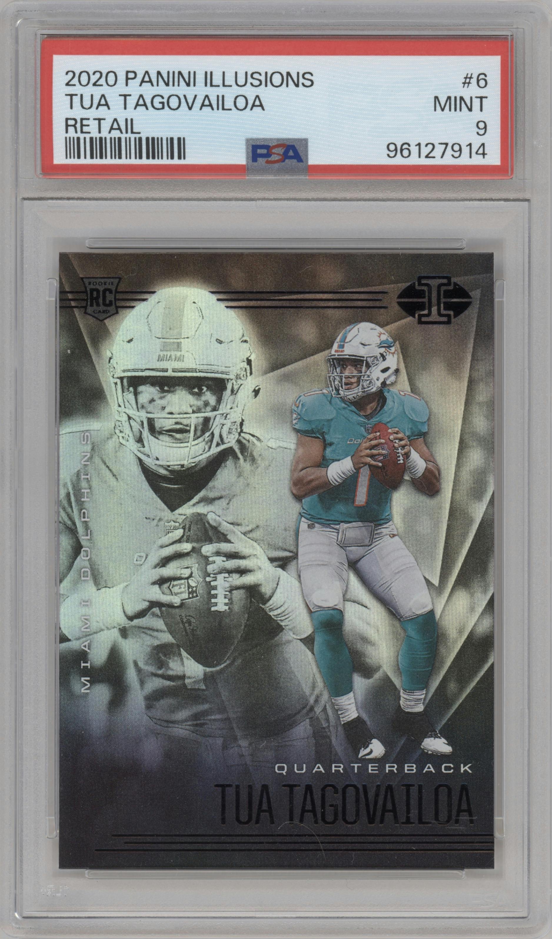 Tua Tagovailoa from the 2020 Panini Illusions set featuring a Retail parallel graded by PSA and given an overall grade of 9.