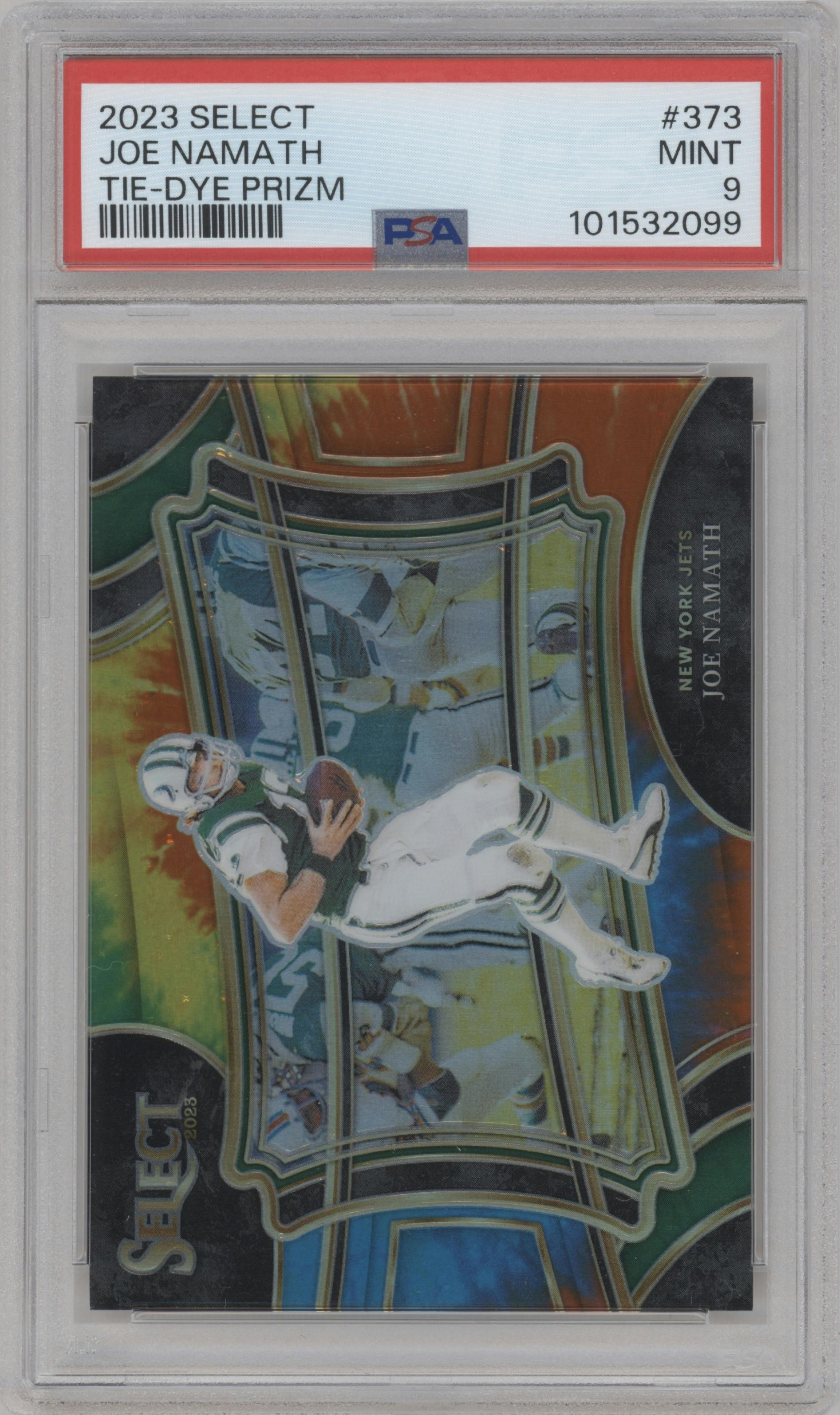 Joe Namath  from the 2023 Panini Select set featuring a Tie-Dye Prizm parallel graded by PSA and given an overall grade of 9.