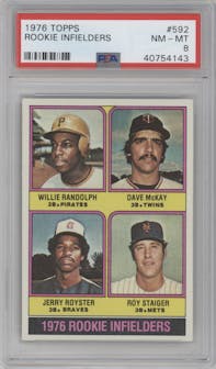 Willie Randolph/Dave Mckay/Jerry Royster/Roy Staiger from the 1976 Topps set graded by PSA and given an overall grade of 8.