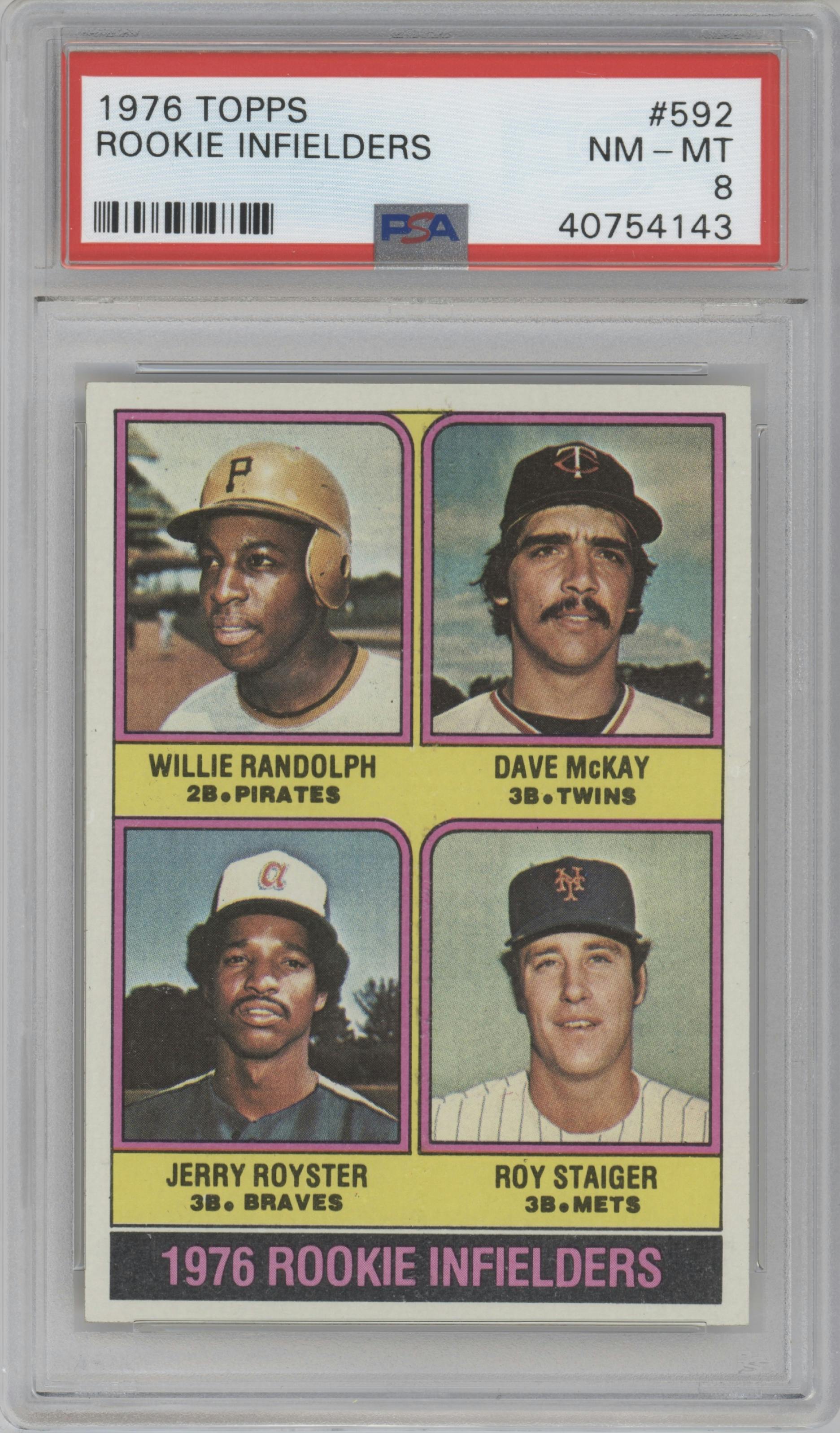 Willie Randolph/Dave Mckay/Jerry Royster/Roy Staiger from the 1976 Topps set graded by PSA and given an overall grade of 8.