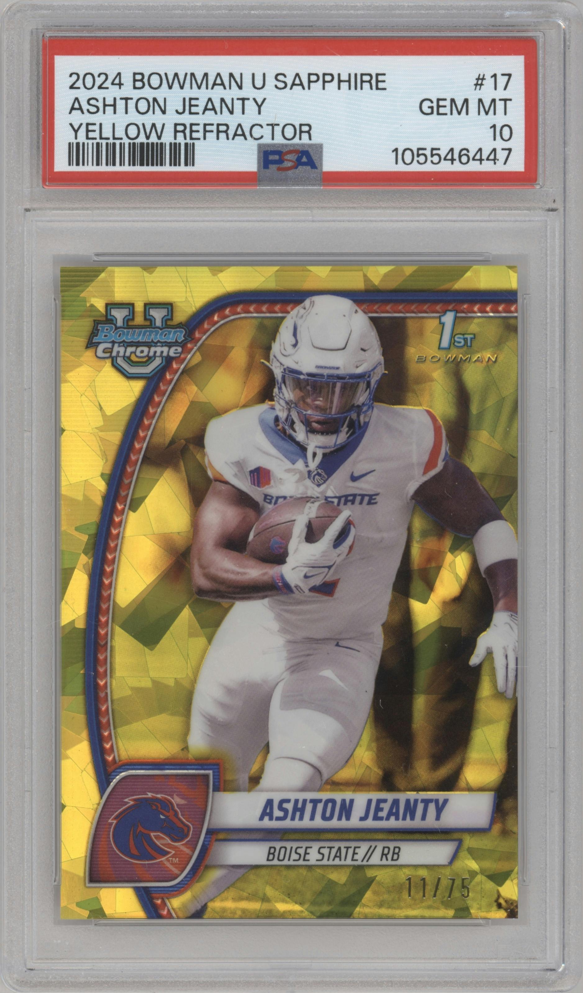 Ashton Jeanty from the 2024 Bowman University Chrome Sapphire set featuring a Yellow parallel graded by PSA and given an overall grade of 10.