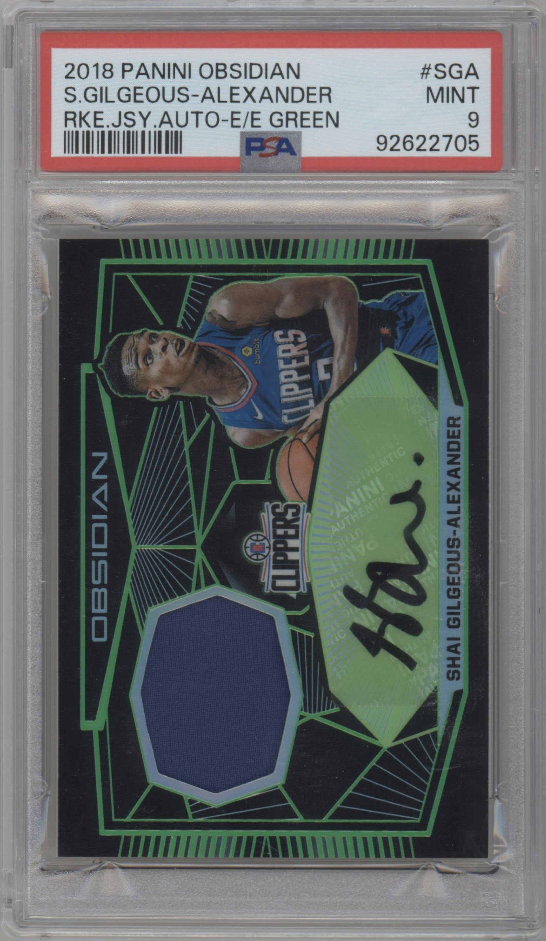 Shai Gilgeous-Alexander from the 2018-19 Panini Obsidian set featuring a Electric Etch Green parallel graded by PSA and given an overall grade of 9.