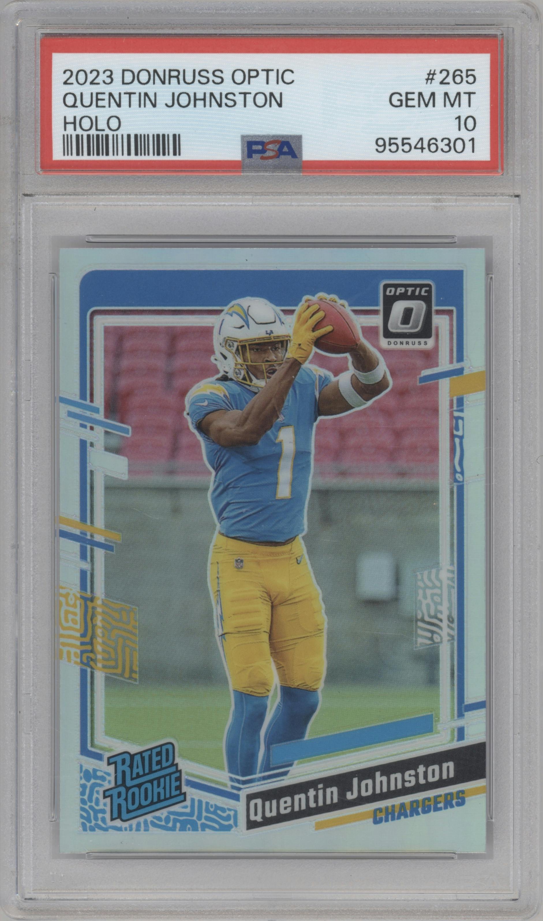 Quentin Johnston from the 2023 Donruss Optic set featuring a Holo parallel graded by PSA and given an overall grade of 10.