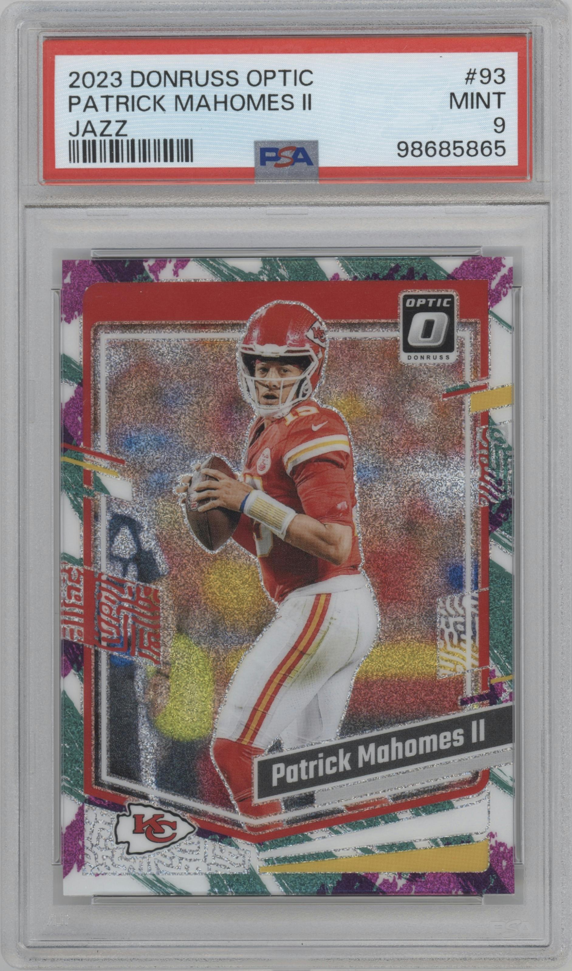 Patrick Mahomes II from the 2023 Donruss Optic set featuring a Jazz parallel graded by PSA and given an overall grade of 9.