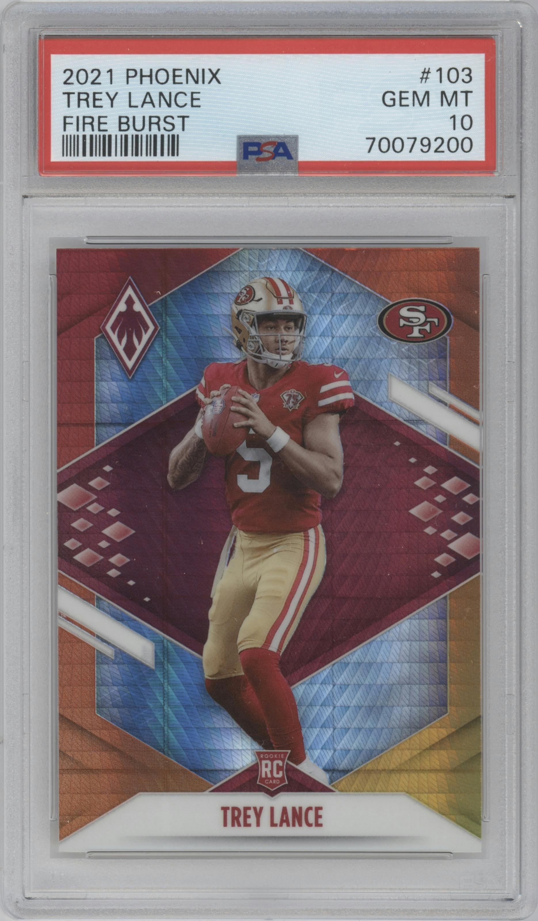 Trey Lance from the 2021 Panini Phoenix set featuring a Fire Burst parallel graded by PSA and given an overall grade of 10.