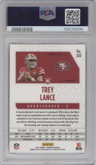 Trey Lance from the 2021 Panini Phoenix set featuring a Fire Burst parallel graded by PSA and given an overall grade of 10.