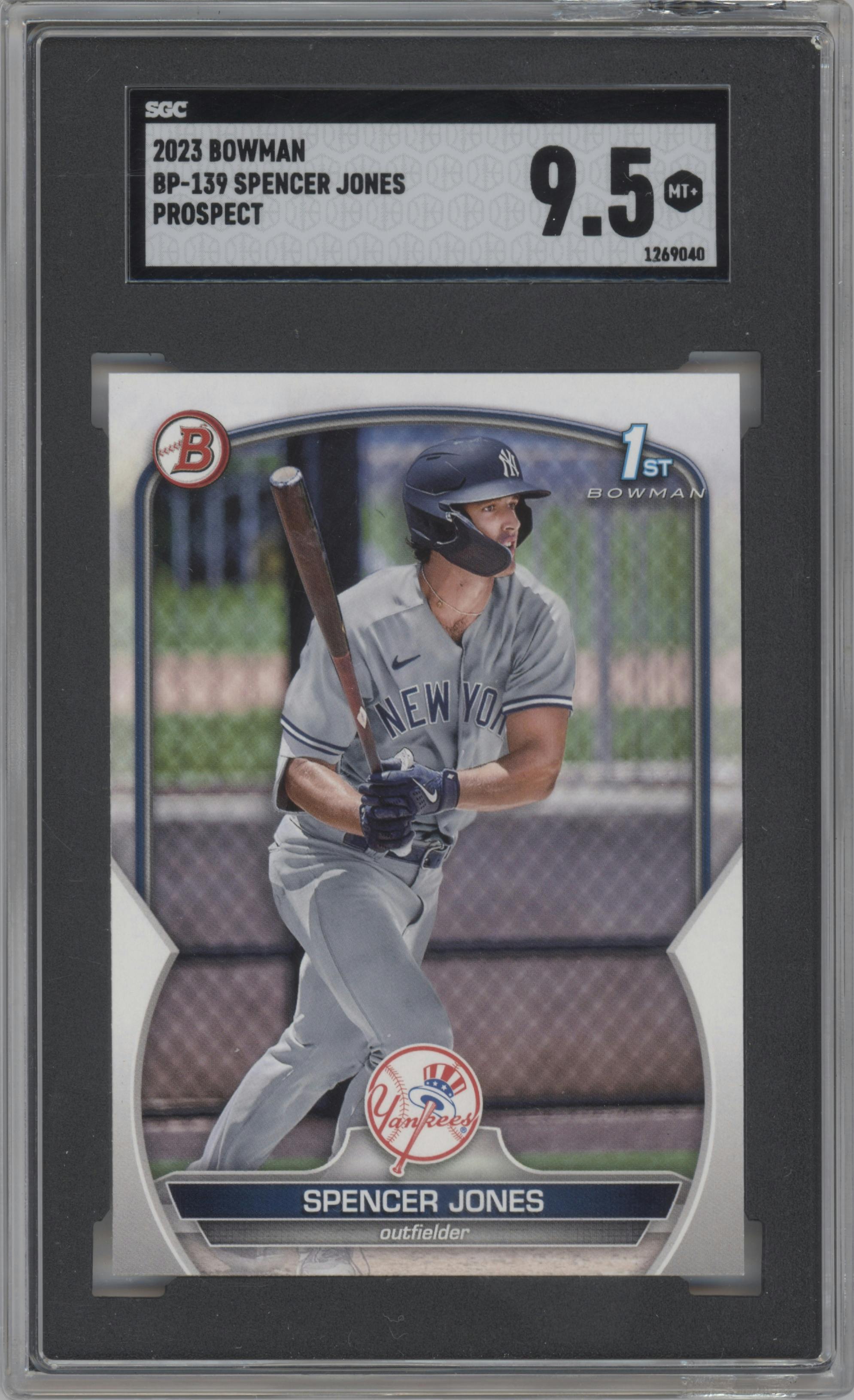 Spencer Jones from the 2023 Bowman  set graded by SGC and given an overall grade of 9.5.
