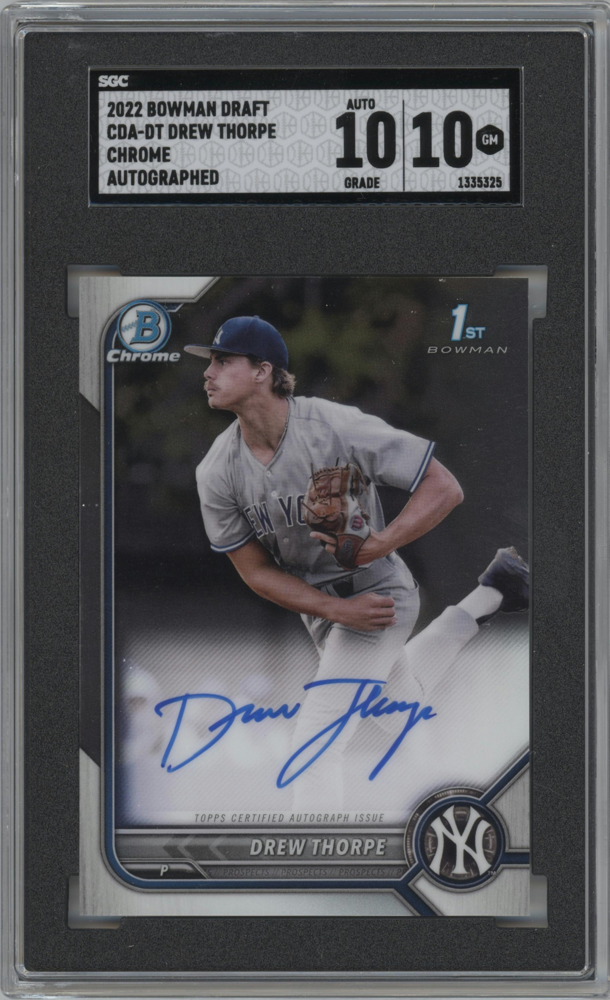 Drew Thorpe from the 2022 Bowman Draft set graded by SGC and given an overall grade of 10.
