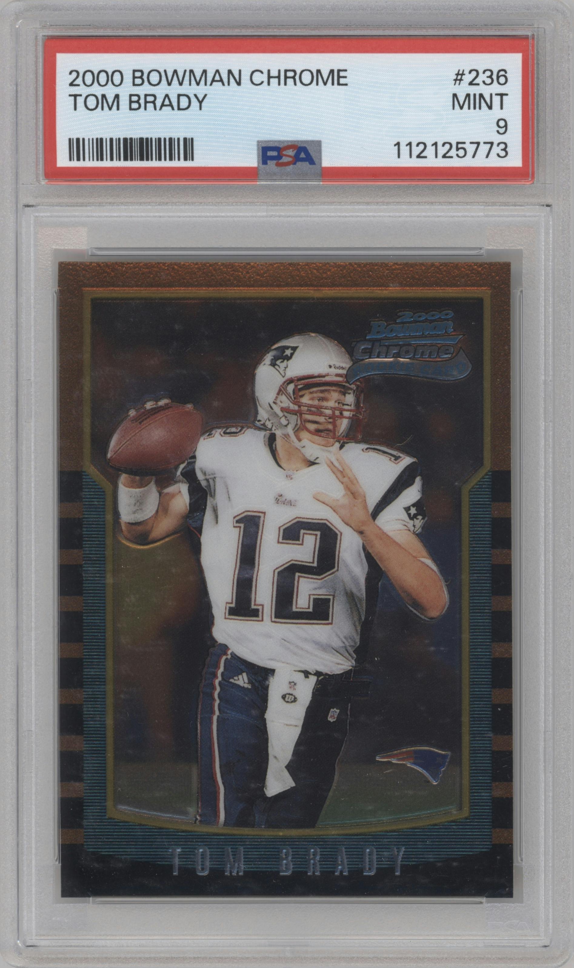 Tom Brady from the 2000 Bowman Chrome set graded by PSA and given an overall grade of 9.