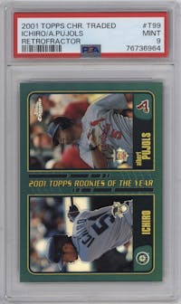 Ichiro Suzuki/Albert Pujols from the 2001 Topps Traded  set featuring a Retrofractor parallel graded by PSA and given an overall grade of 9.