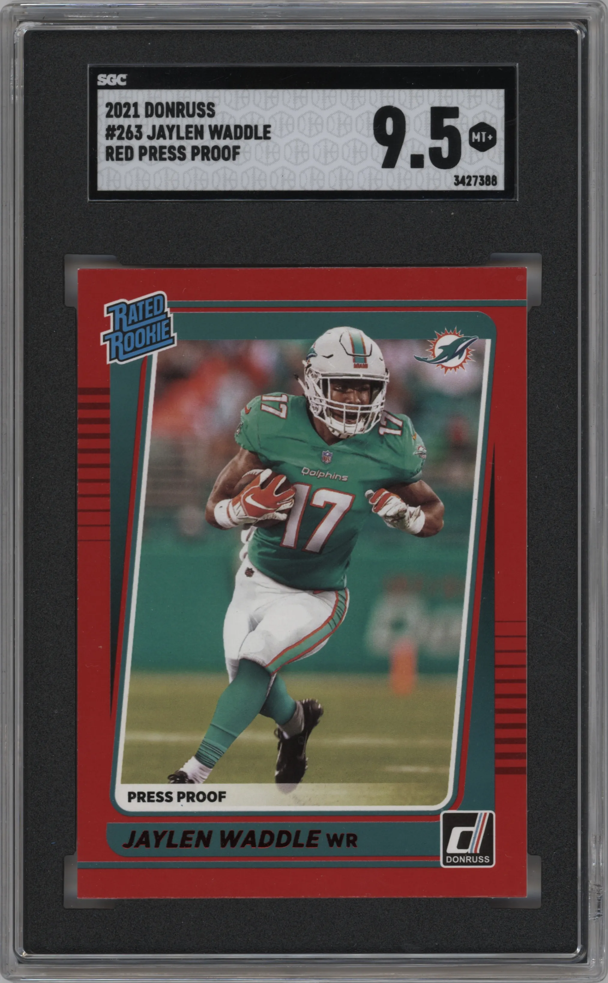 2021 Panini Donruss Rated Rookie Jaylen Waddle Press Proof Red SGC 9.5