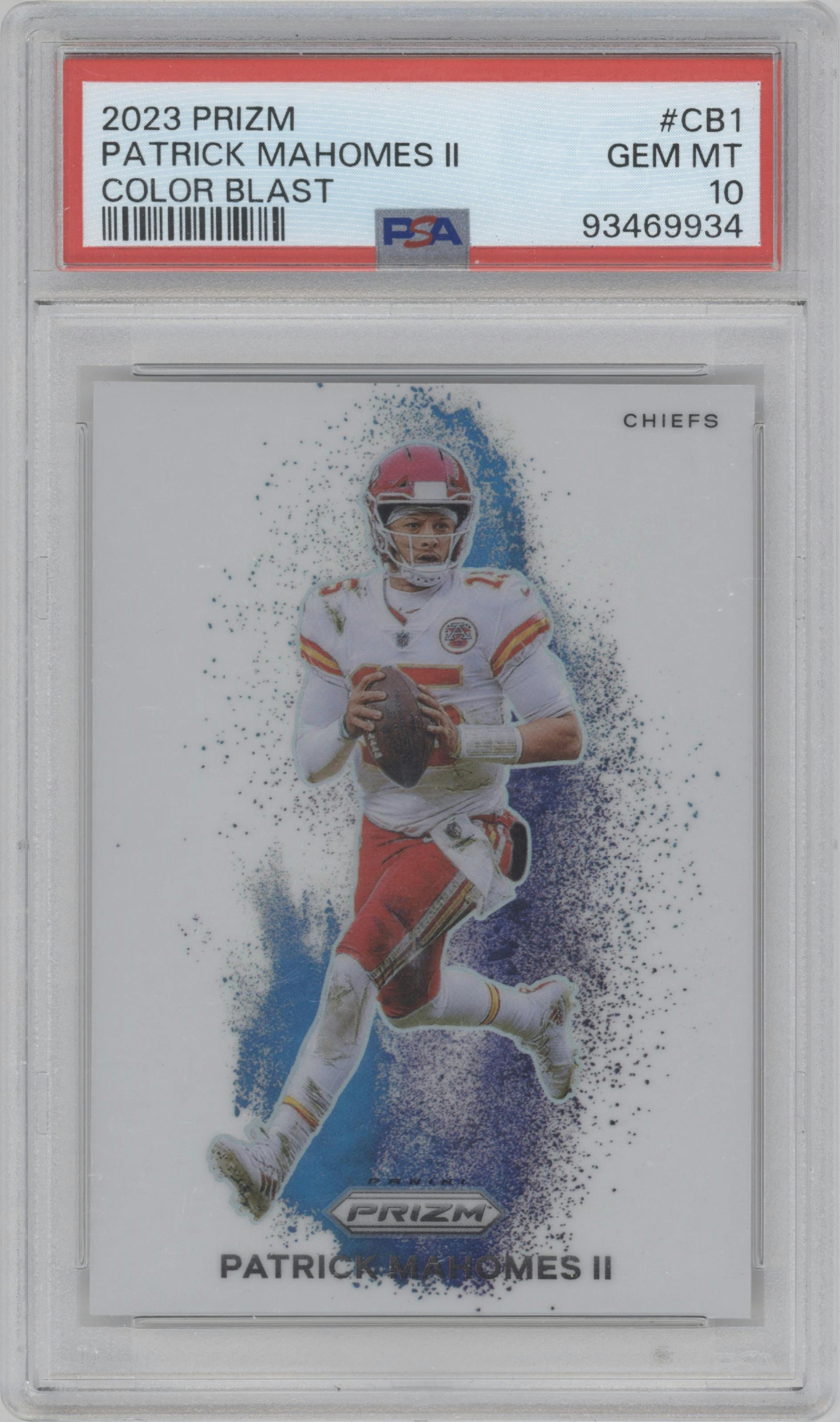 Patrick Mahomes II from the 2023 Panini Prizm set graded by PSA and given an overall grade of 10.
