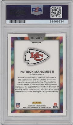 Patrick Mahomes II from the 2023 Panini Prizm set graded by PSA and given an overall grade of 10.