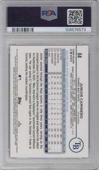 Junior Caminero from the 2024 Topps Gilded Collection set featuring a Gold RayWave Refractor parallel graded by PSA and given an overall grade of 10.