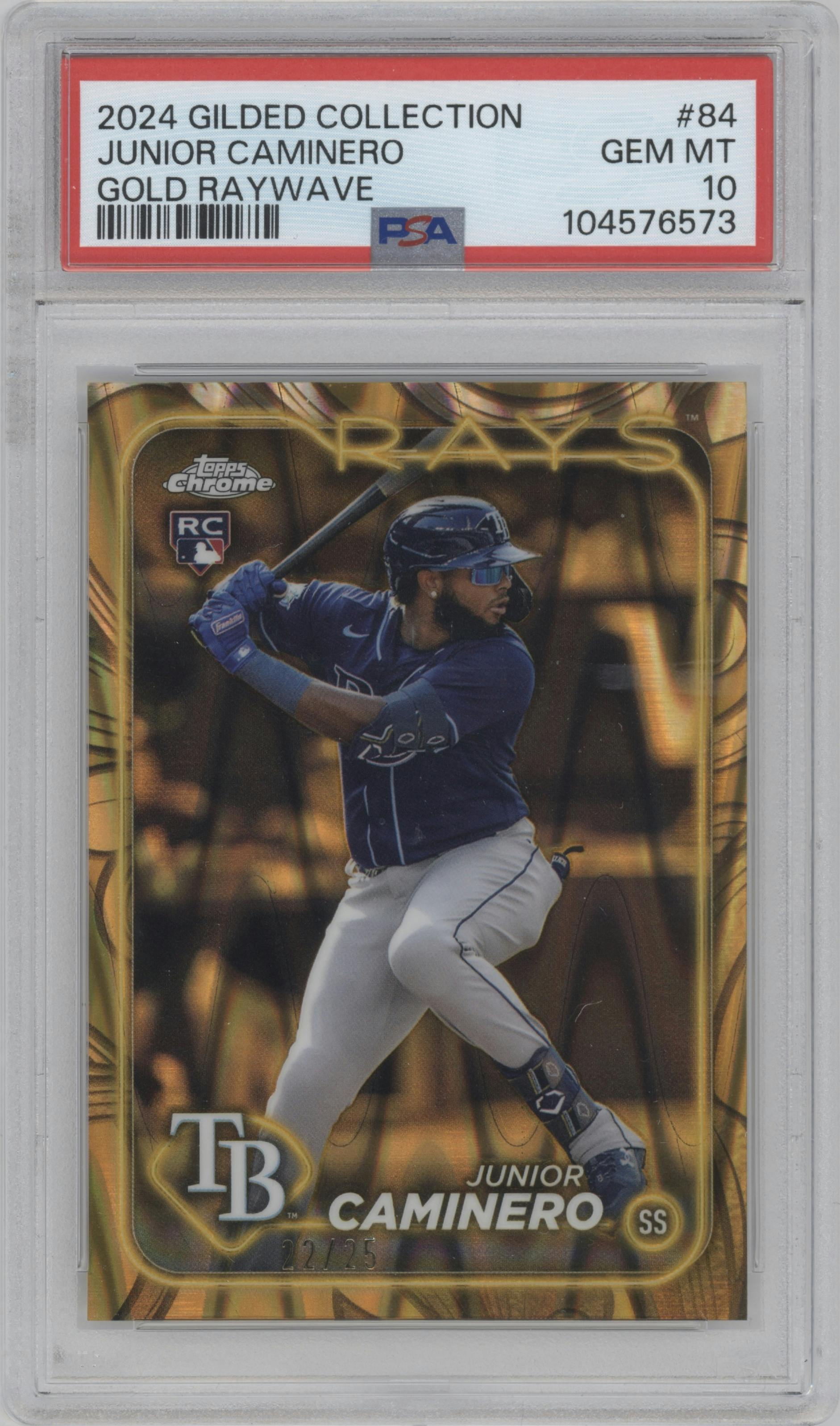 Junior Caminero from the 2024 Topps Gilded Collection set featuring a Gold RayWave Refractor parallel graded by PSA and given an overall grade of 10.