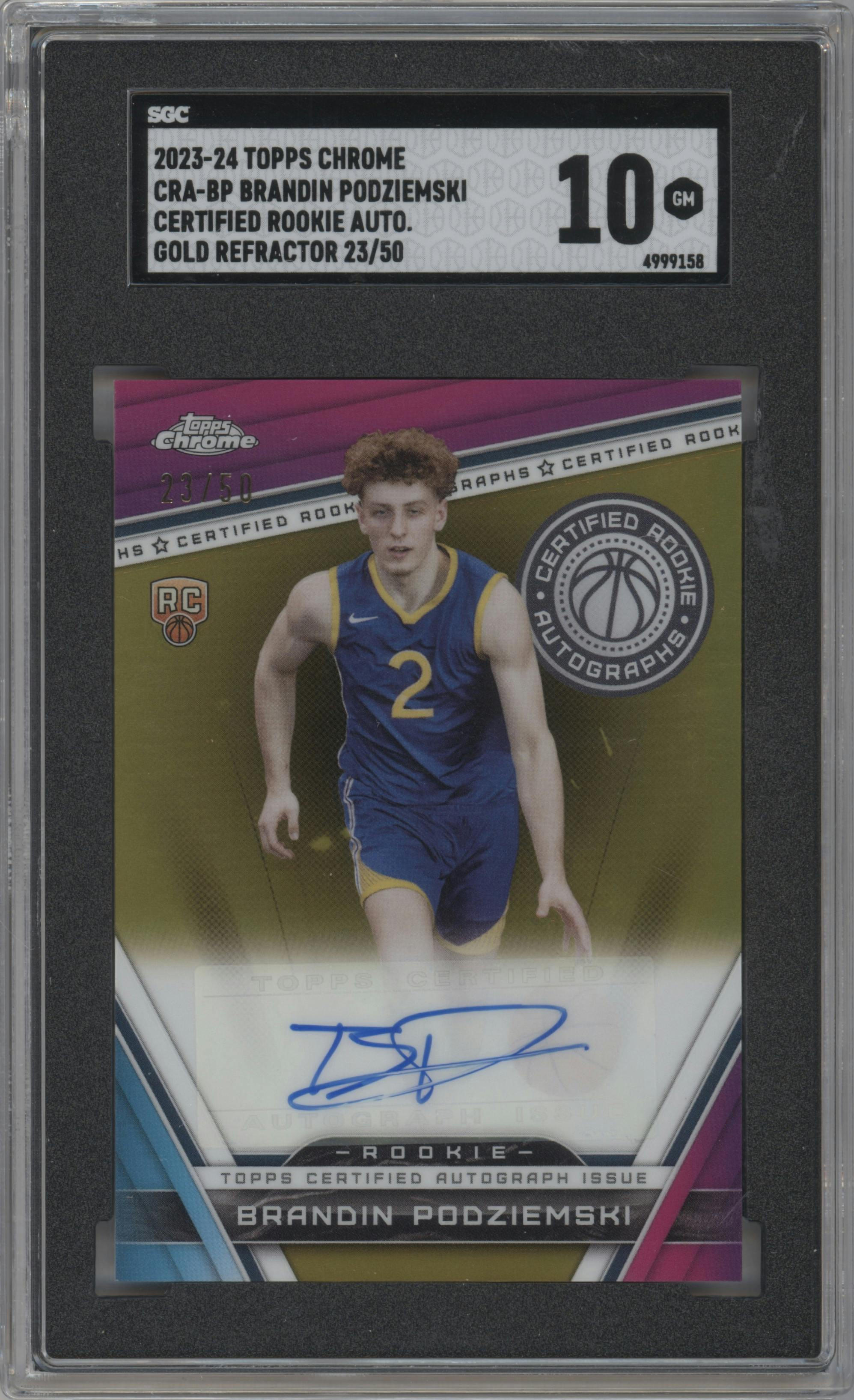 Brandin Podziemski from the 2023-24 Topps Chrome set featuring a Gold Refractor parallel graded by SGC and given an overall grade of 10.