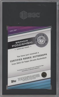 Brandin Podziemski from the 2023-24 Topps Chrome set featuring a Gold Refractor parallel graded by SGC and given an overall grade of 10.