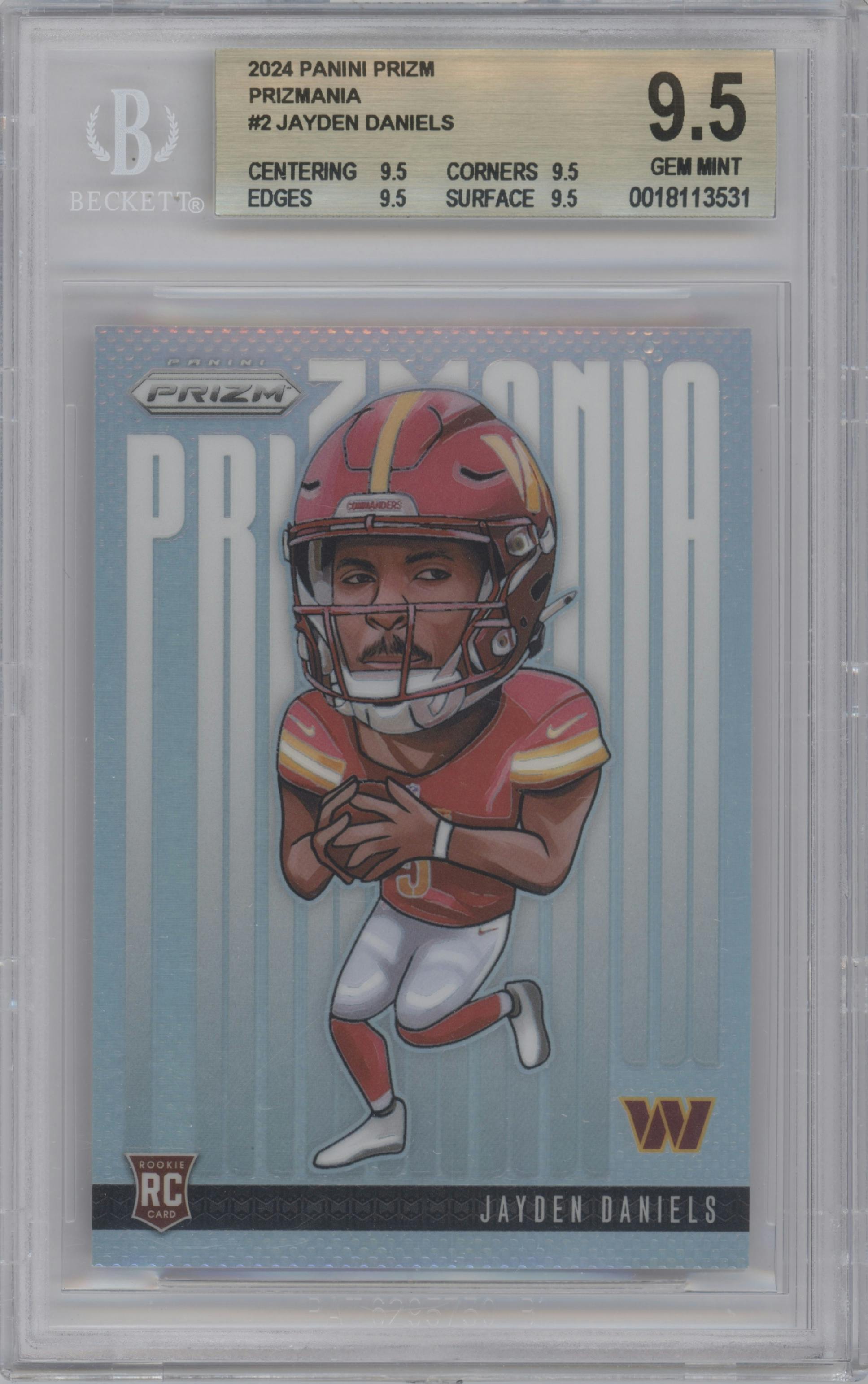 Jayden Daniels from the 2024 Panini Prizm set graded by Beckett and given an overall grade of 9.5.
