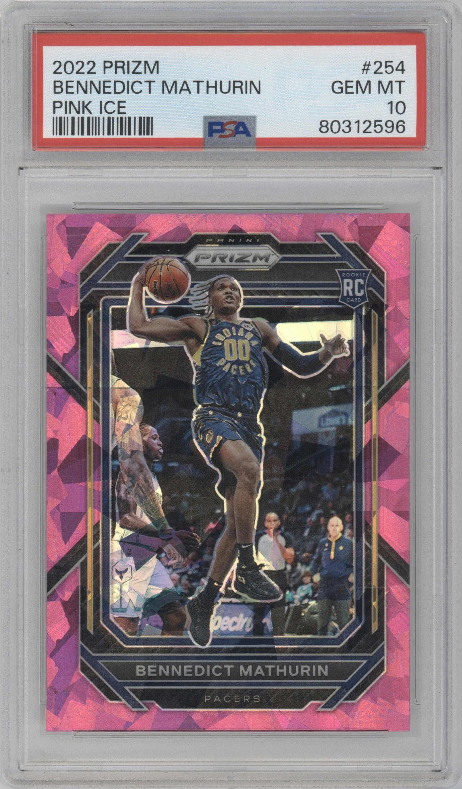 Bennedict Mathurin from the 2022-23 Panini Prizm  set featuring a Pink Ice parallel graded by PSA and given an overall grade of 10.