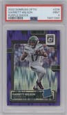 Garrett Wilson from the 2022 Panini Donruss Optic set featuring a Purple Shock parallel graded by PSA and given an overall grade of 9.
