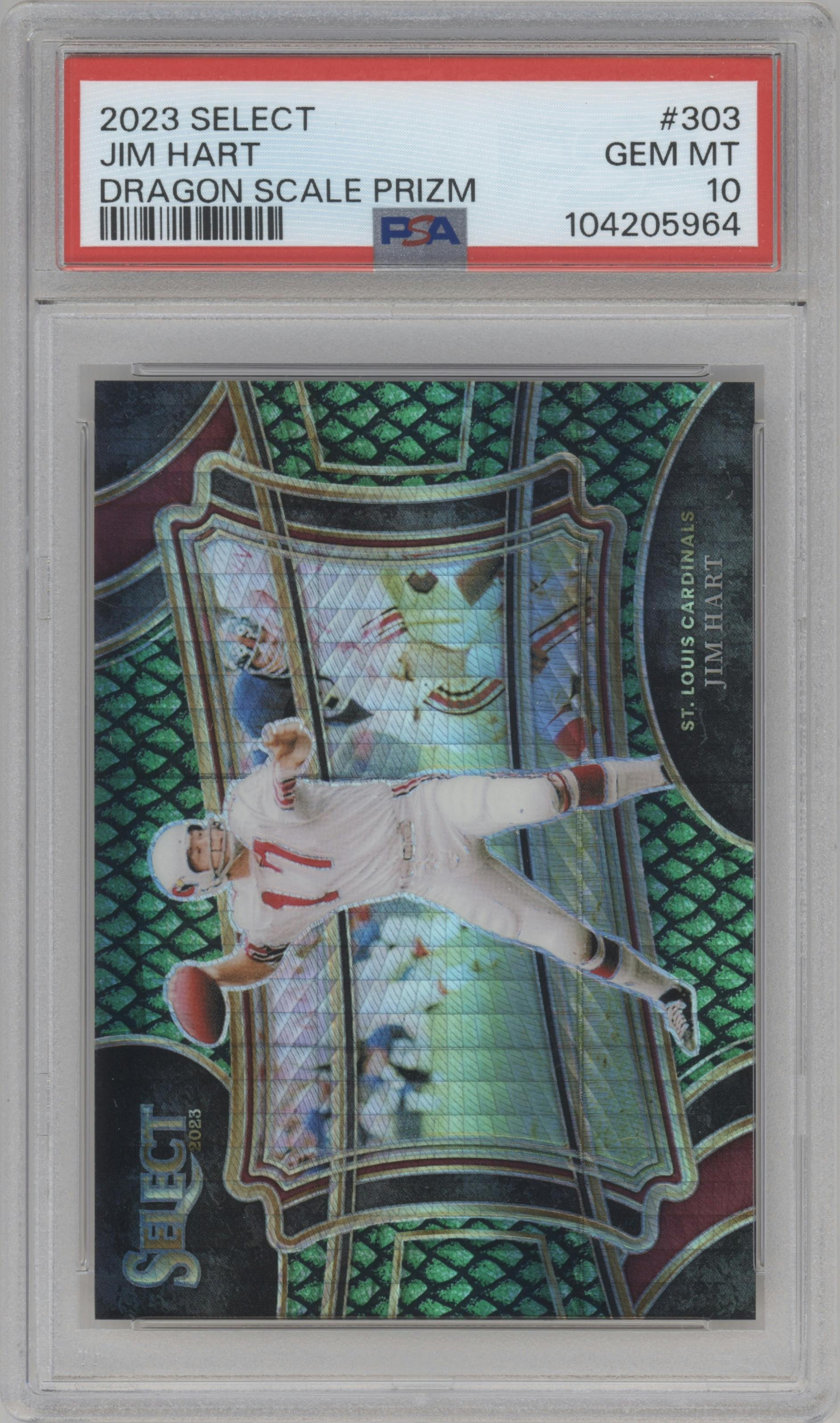 Jim Hart from the 2023 Panini Select set featuring a Dragon Scale Prizm parallel graded by PSA and given an overall grade of 10.