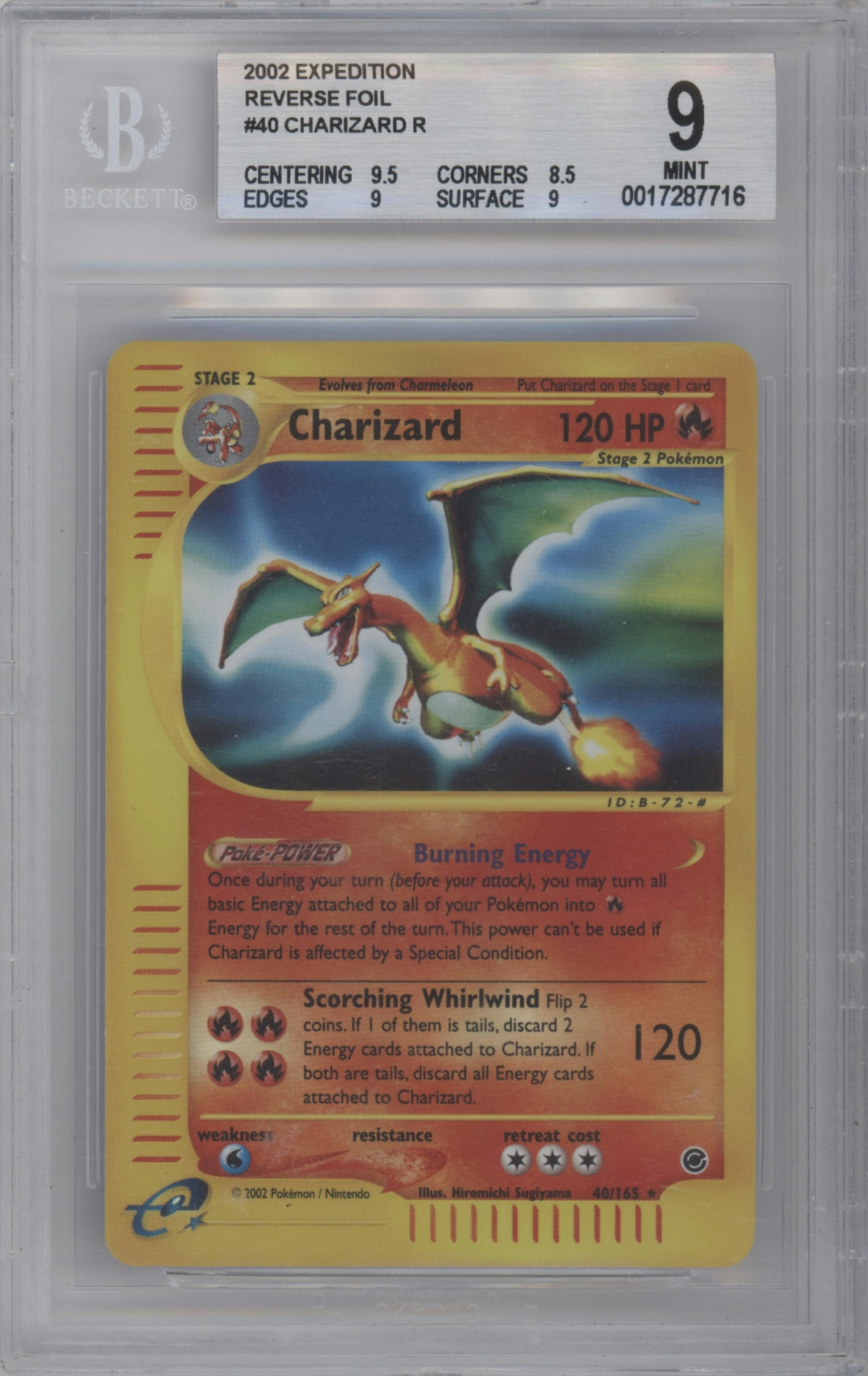 Charizard from the 2002 Pokemon E-CARD set graded by Beckett and given an overall grade of 9.