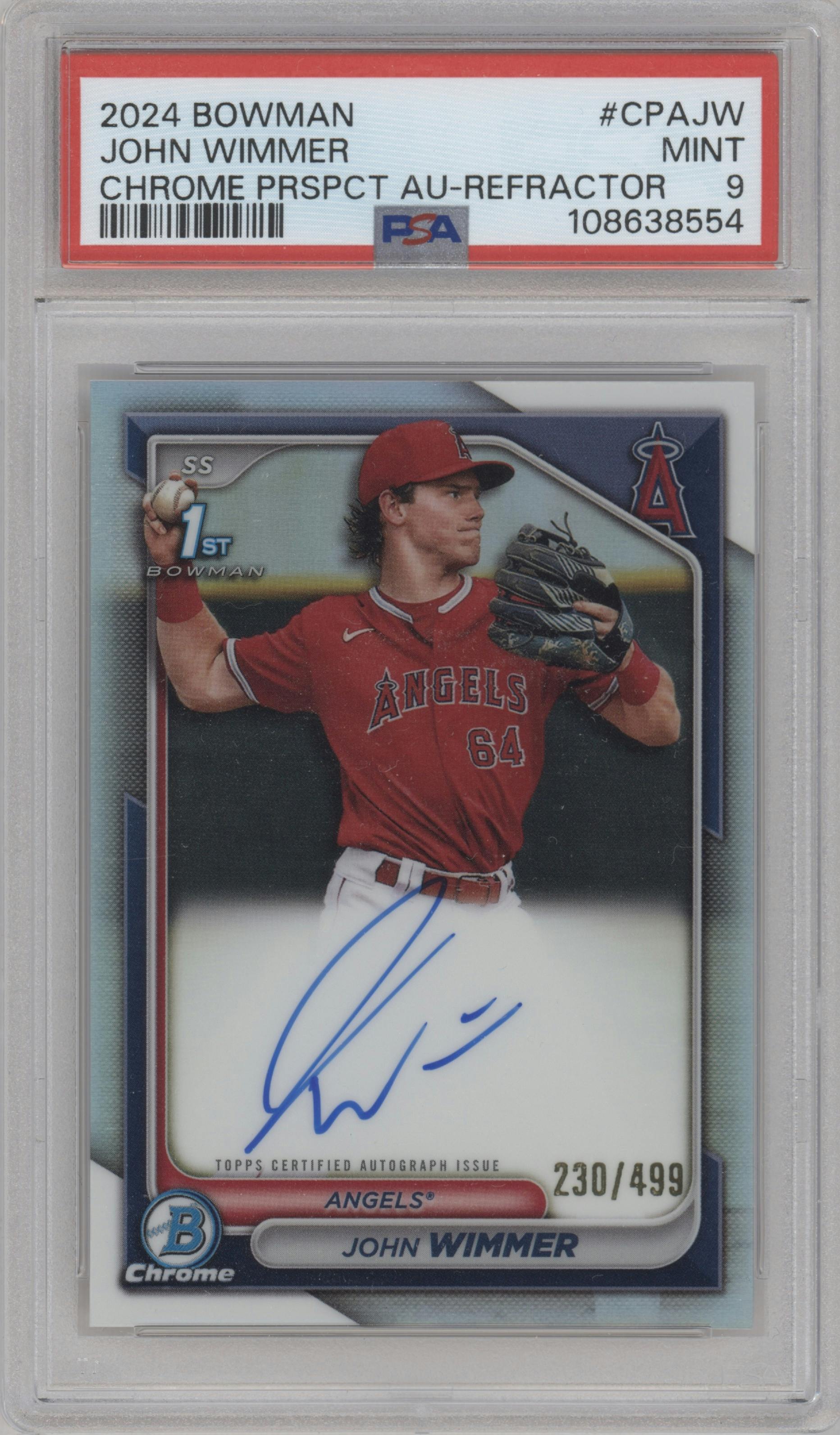 John Wimmer from the 2024 Bowman set featuring a Refractor parallel graded by PSA and given an overall grade of 9.