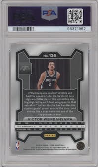 Victor Wembanyama from the 2023-24 Panini Prizm set graded by PSA and given an overall grade of 10.