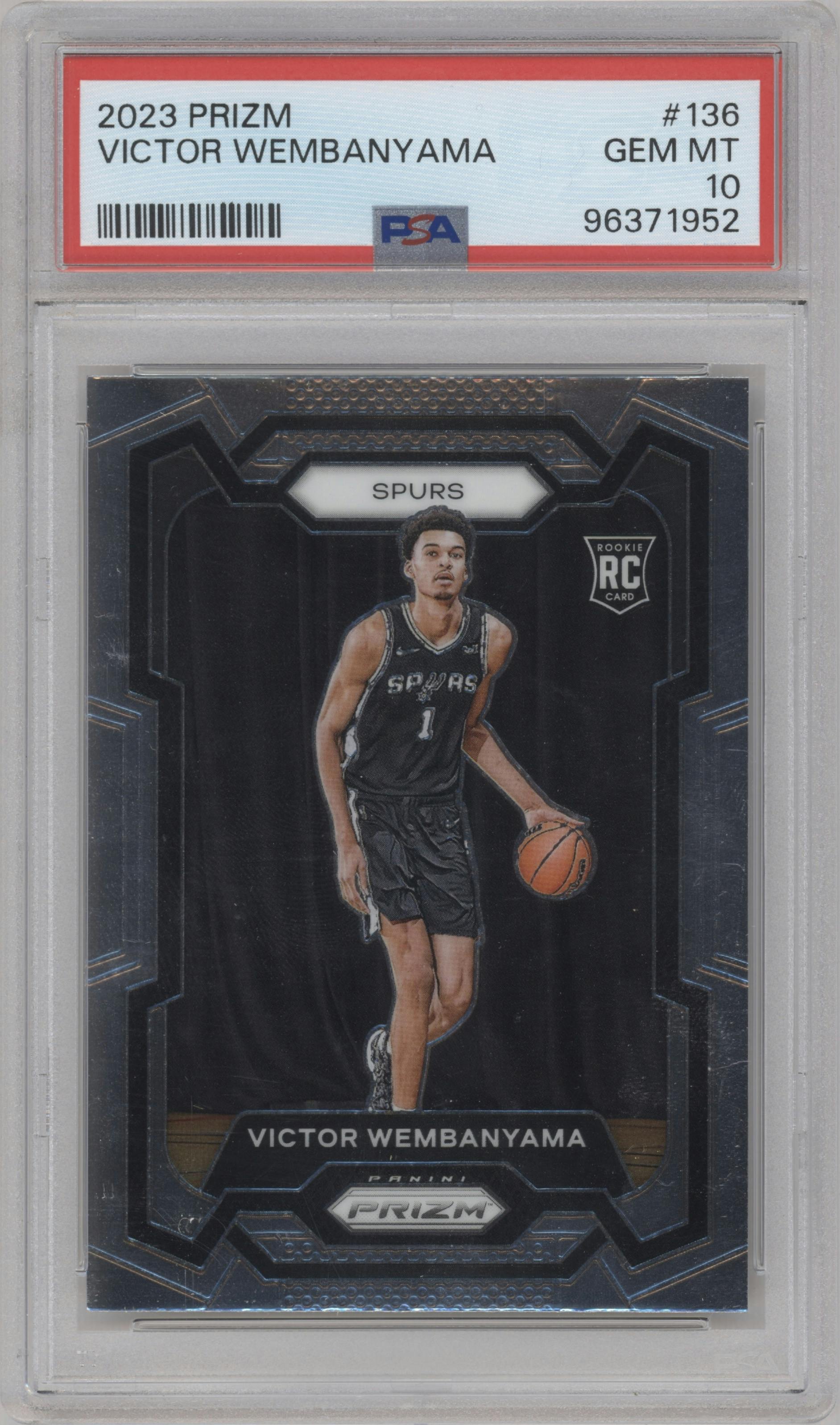 Victor Wembanyama from the 2023-24 Panini Prizm set graded by PSA and given an overall grade of 10.