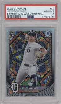 Jackson Jobe from the 2025 Bowman set graded by PSA and given an overall grade of 10.