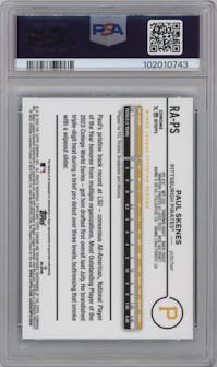 Paul Skenes from the 2024 Topps Chrome Update set featuring a Green Refractor parallel graded by PSA and given an overall grade of 10.