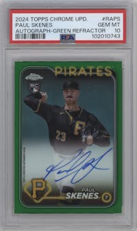Paul Skenes from the 2024 Topps Chrome Update set featuring a Green Refractor parallel graded by PSA and given an overall grade of 10.