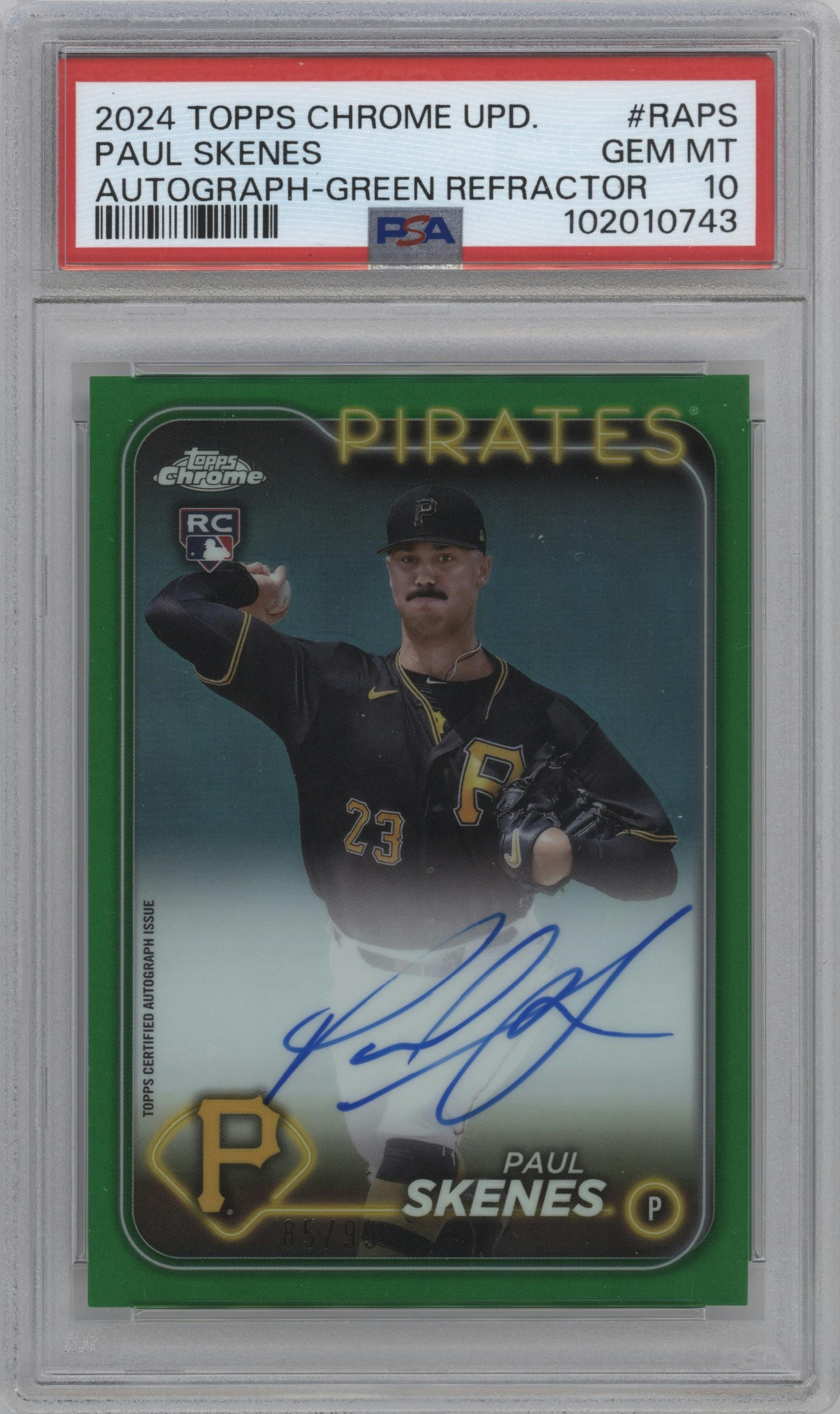 Paul Skenes from the 2024 Topps Chrome Update set featuring a Green Refractor parallel graded by PSA and given an overall grade of 10.
