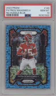 Patrick Mahomes II from the 2023 Panini Prizm set featuring a No Huddle Blue parallel graded by PSA and given an overall grade of 10.