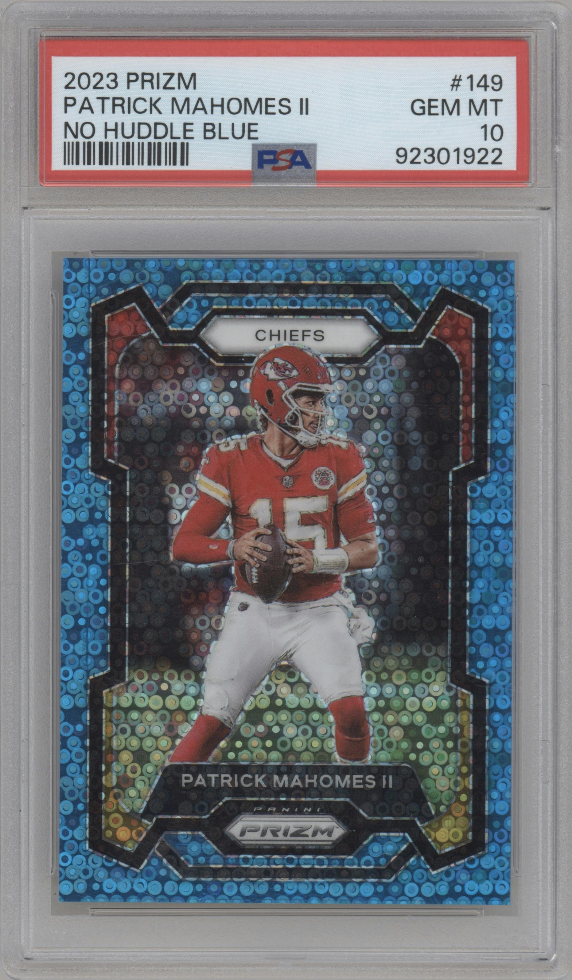 Patrick Mahomes II from the 2023 Panini Prizm set featuring a No Huddle Blue parallel graded by PSA and given an overall grade of 10.
