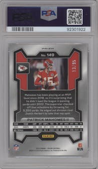 Patrick Mahomes II from the 2023 Panini Prizm set featuring a No Huddle Blue parallel graded by PSA and given an overall grade of 10.