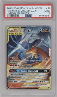 Reshiram/Charizard GX from the 2019 Pokemon S&M  set graded by PSA and given an overall grade of 9.
