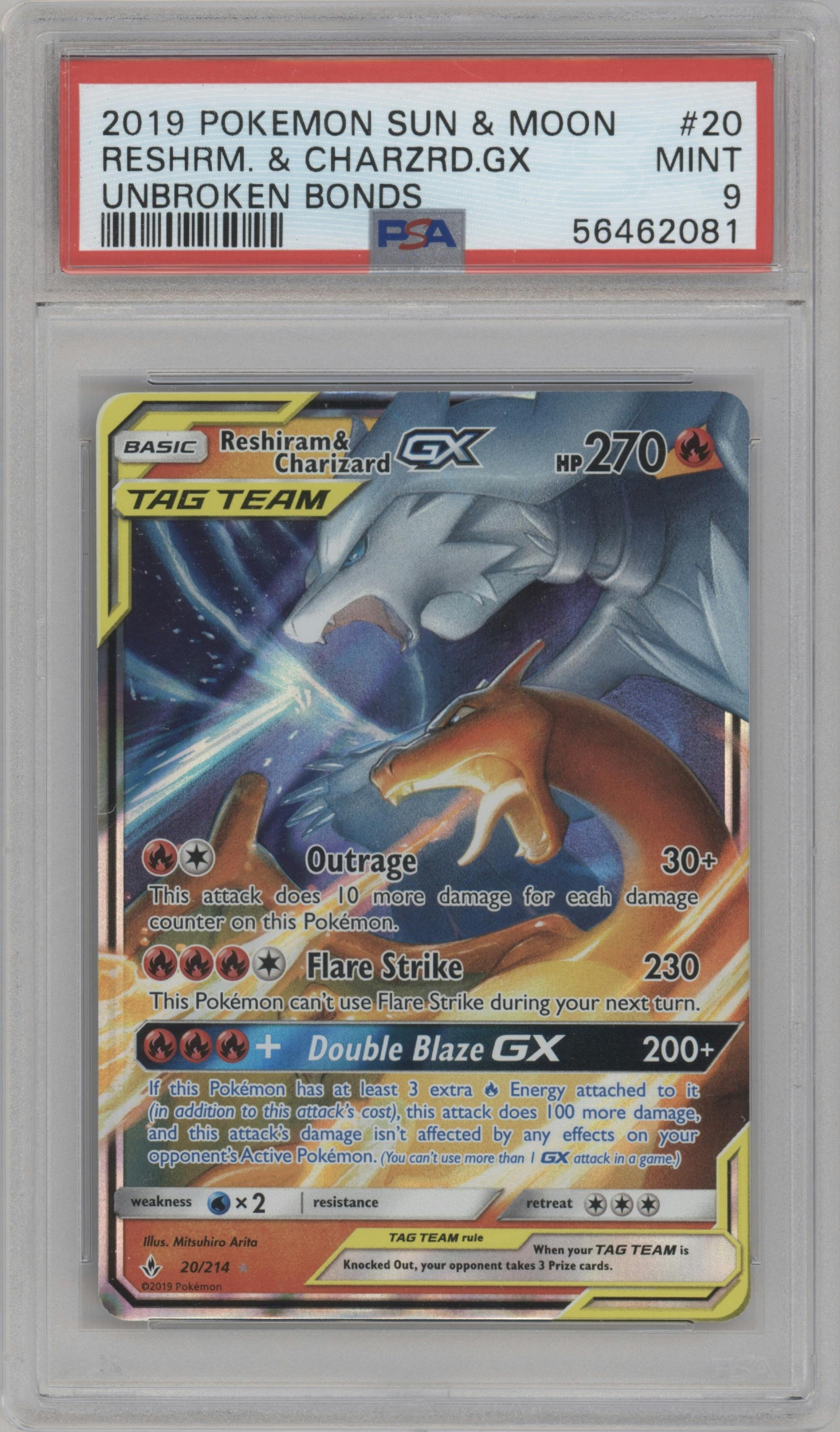 Reshiram/Charizard GX from the 2019 Pokemon S&M  set graded by PSA and given an overall grade of 9.