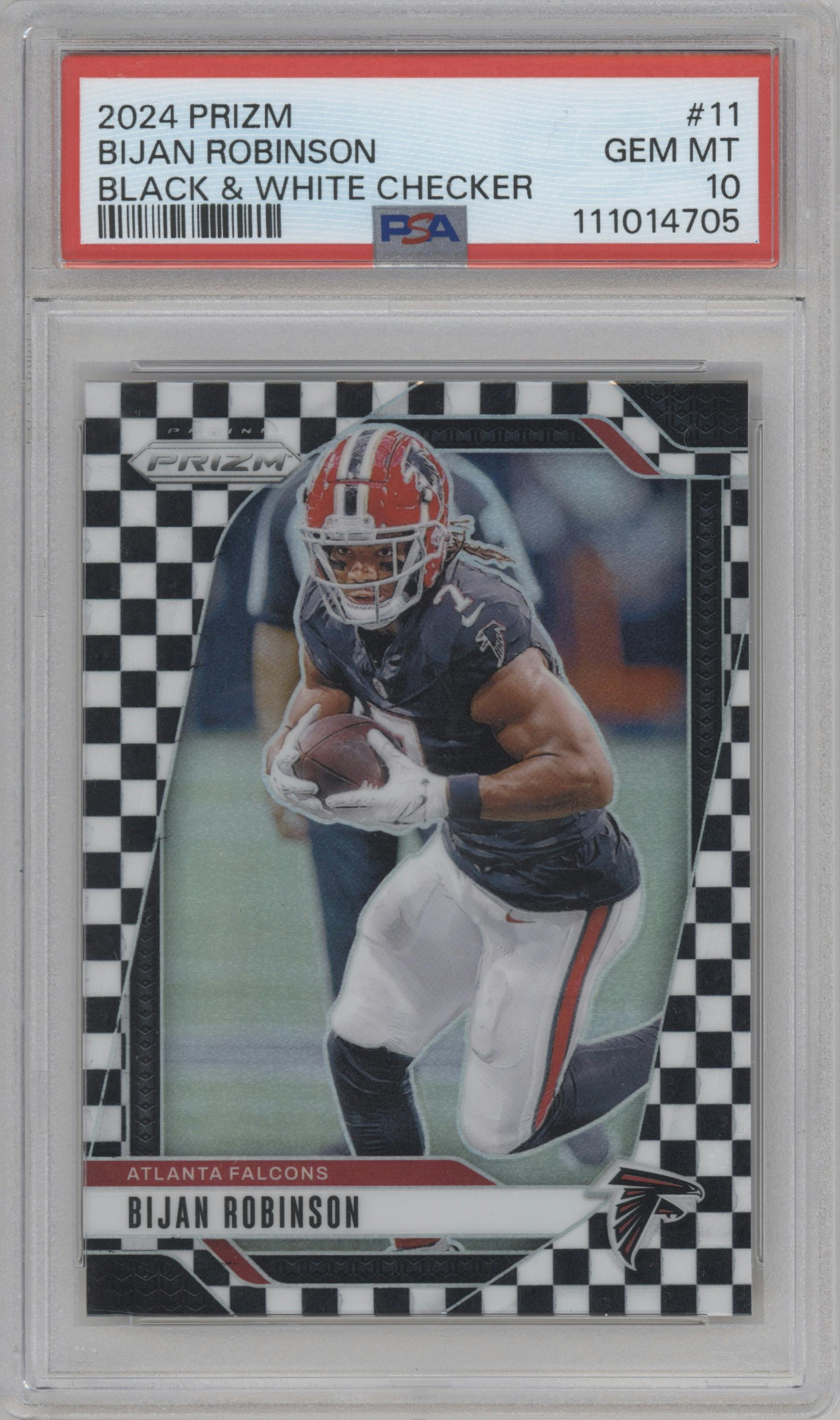 Bijan Robinson from the 2024 Panini Prizm set featuring a Black & White Checker parallel graded by PSA and given an overall grade of 10.