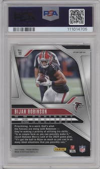 Bijan Robinson from the 2024 Panini Prizm set featuring a Black & White Checker parallel graded by PSA and given an overall grade of 10.