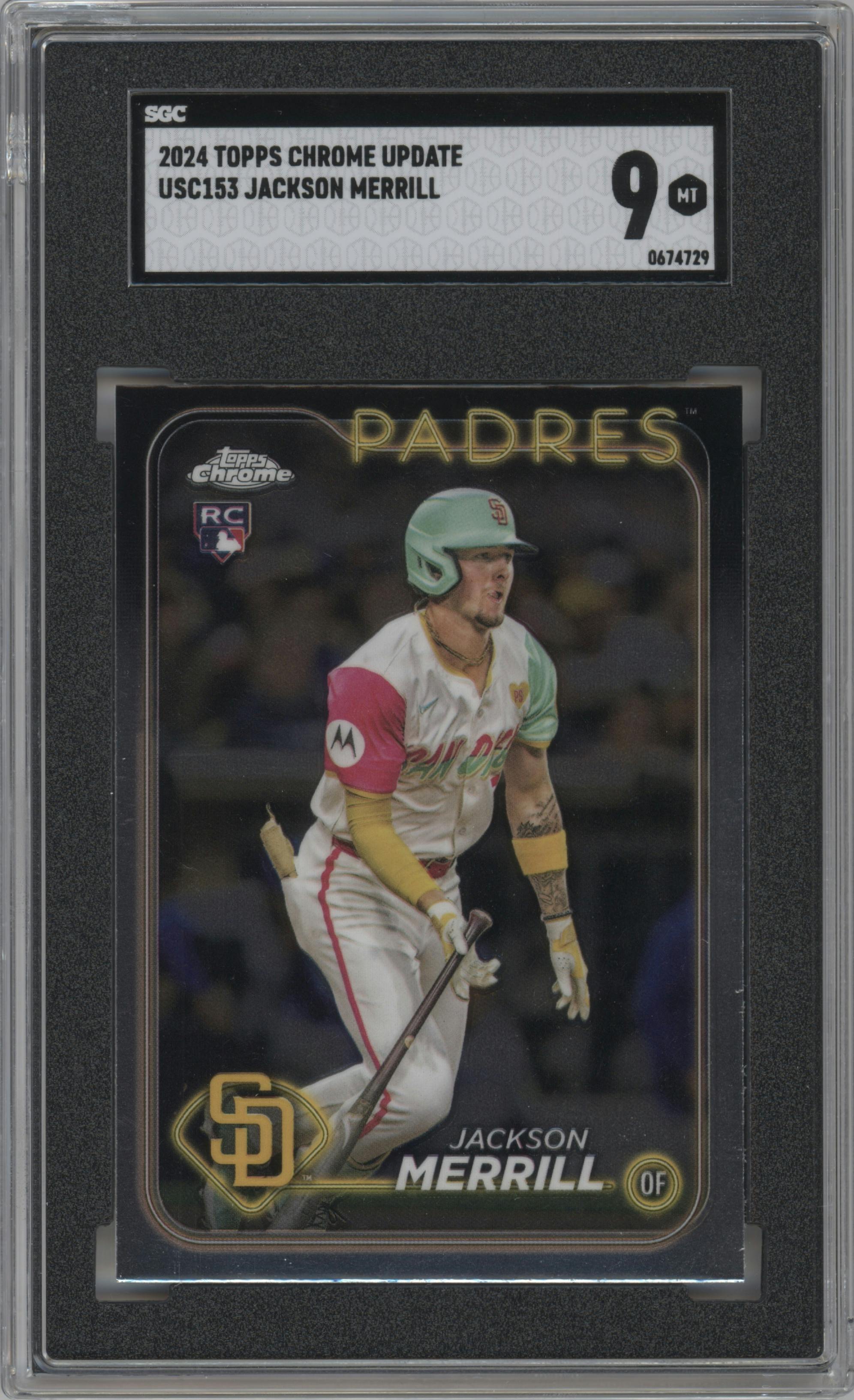 Jackson Merrill from the 2024 Topps Chrome Update set graded by SGC and given an overall grade of 9.