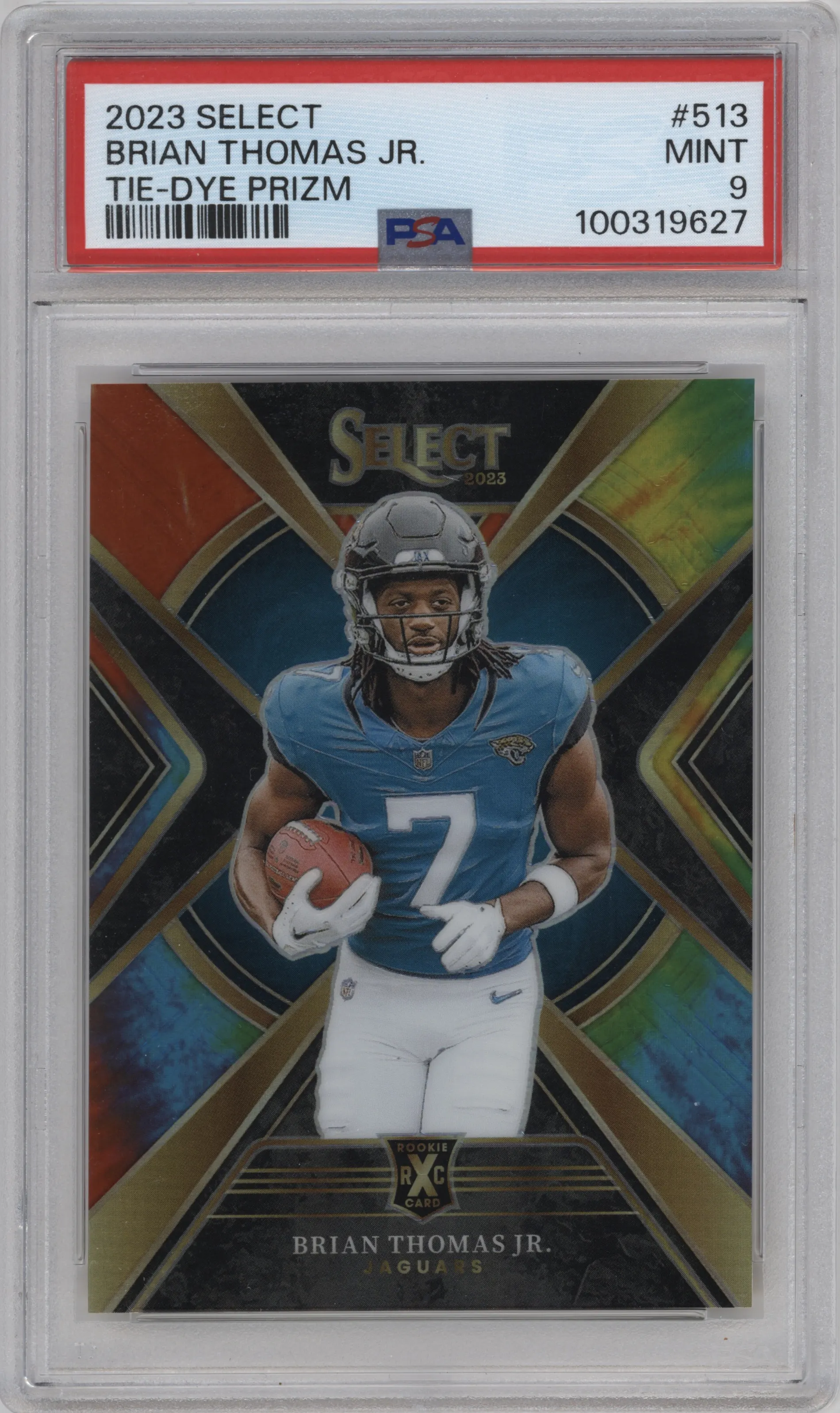 2023 Panini Select 2024 XRC Prizm Brian Thomas Jr. Tie-Dye Prizm #513 PSA 9